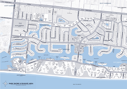 Park Shore Real Estate MAP, Naples, Florida showing Park Shore condominium names, building footprints, home property addreses and streets in Park Shore area