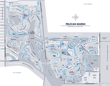Pelican Marsh Real Estate MAP, Naples, Florida showing Pelican Marsh condominium names, home property addreses and streets in Pelican Marsh area